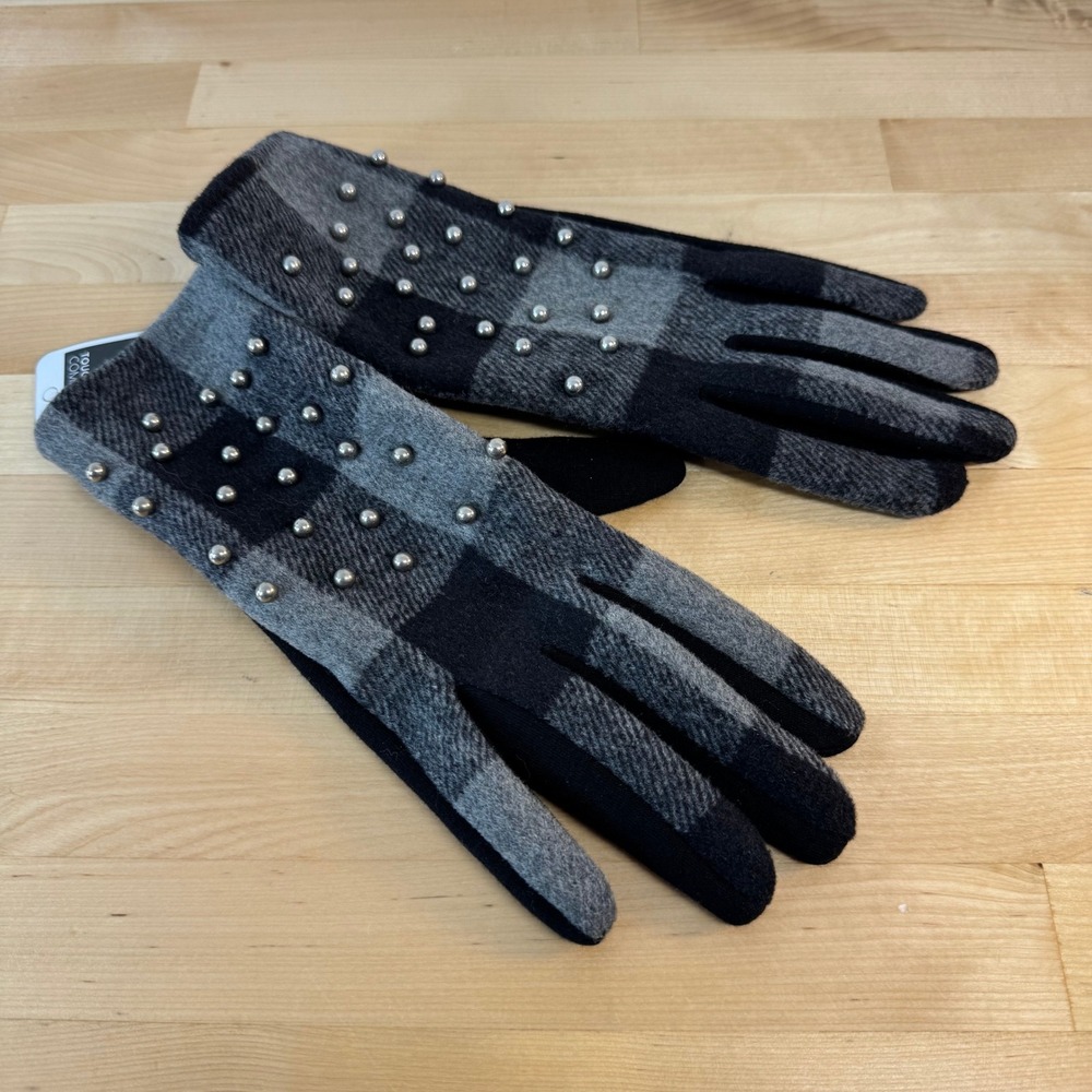 Coco + Carmen Grey Black Buffalo Plaid Studded Touchscreen Tech Gloves NEW